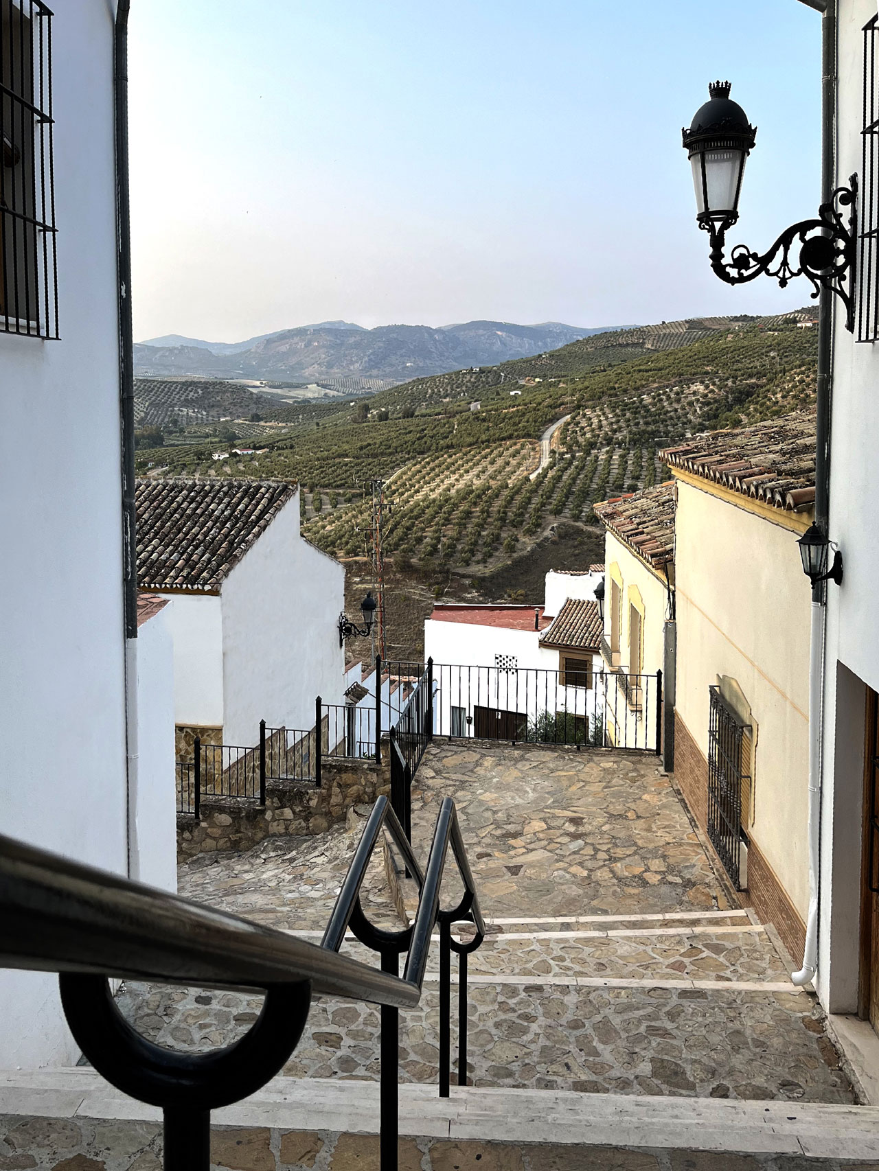Vista de una calle de Baena con olivares de fondo